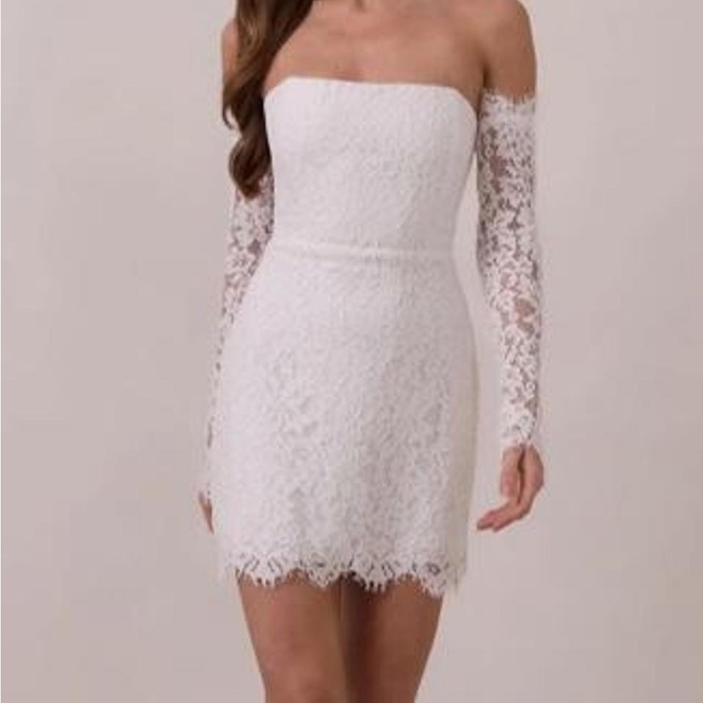 Park & Fifth White Strapless Lace Mini Dress with Long Lace Sleeves
